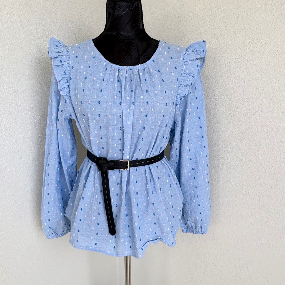 J.Crew Ruffle Shoulder Clip Dot Blouse Womens M‎ Blue 100% Cotton BP521